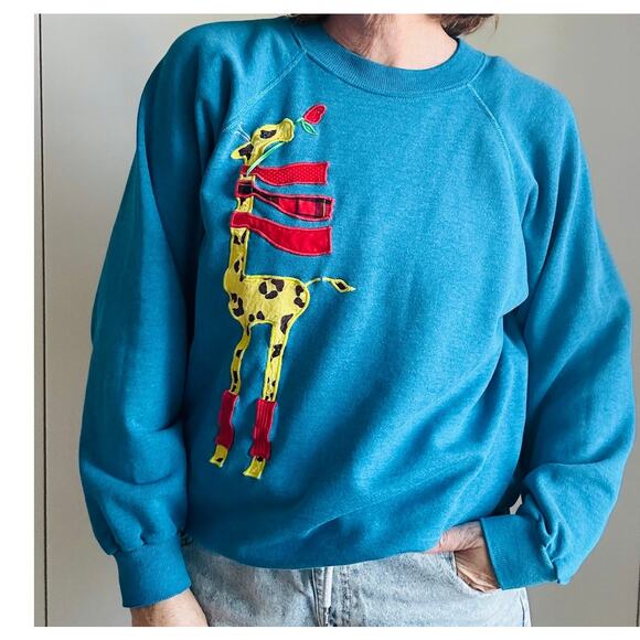 Vintage Giraffe Sweatshirt Blue size Large Handmade Quilted Novelty Statement - Picture 1 of 5